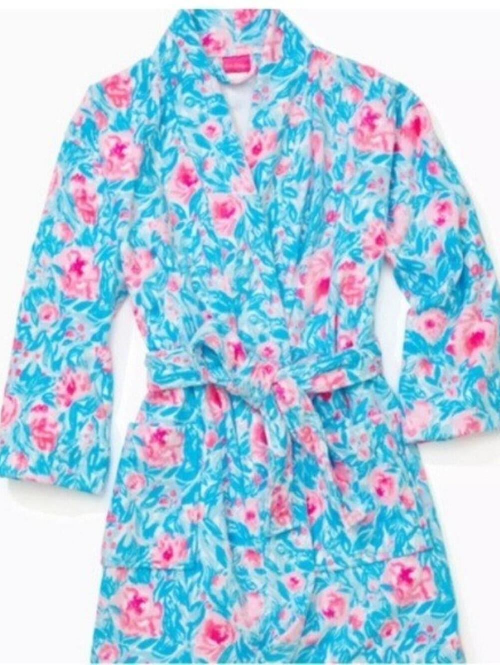Lilly Pulitzer $150 OS Bondi Blue Pink White My Little Peony Cotton Terry Robe